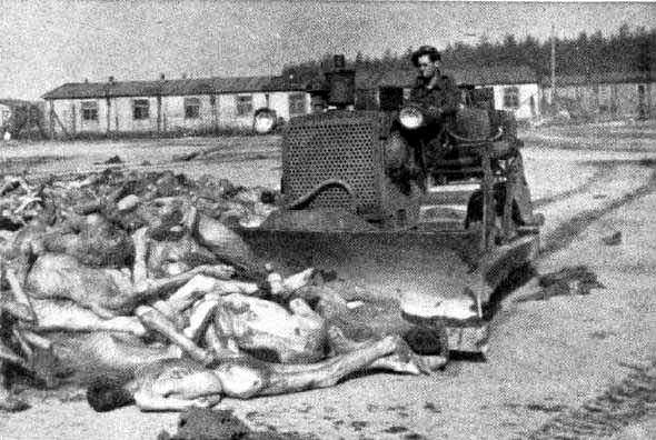 British bulldozer clears typhus victims at Bergen-Belsen